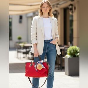 4 FER Dooney & Bourke Red and Brown Fabric and Leather Satchel Bag